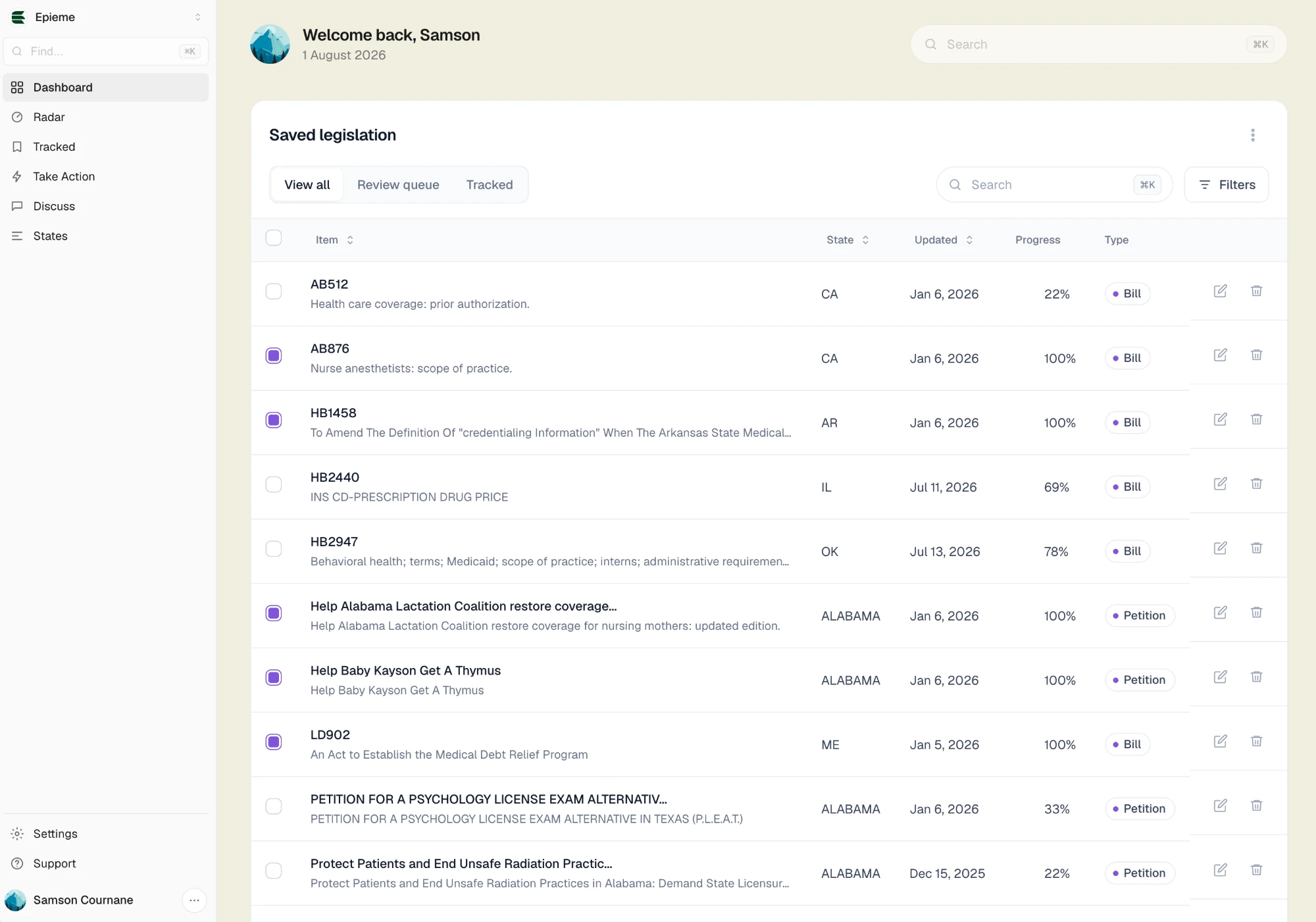 The Epieme dashboard: a saved-legislation table of tracked bills and petitions with state, last update, progress, and type
